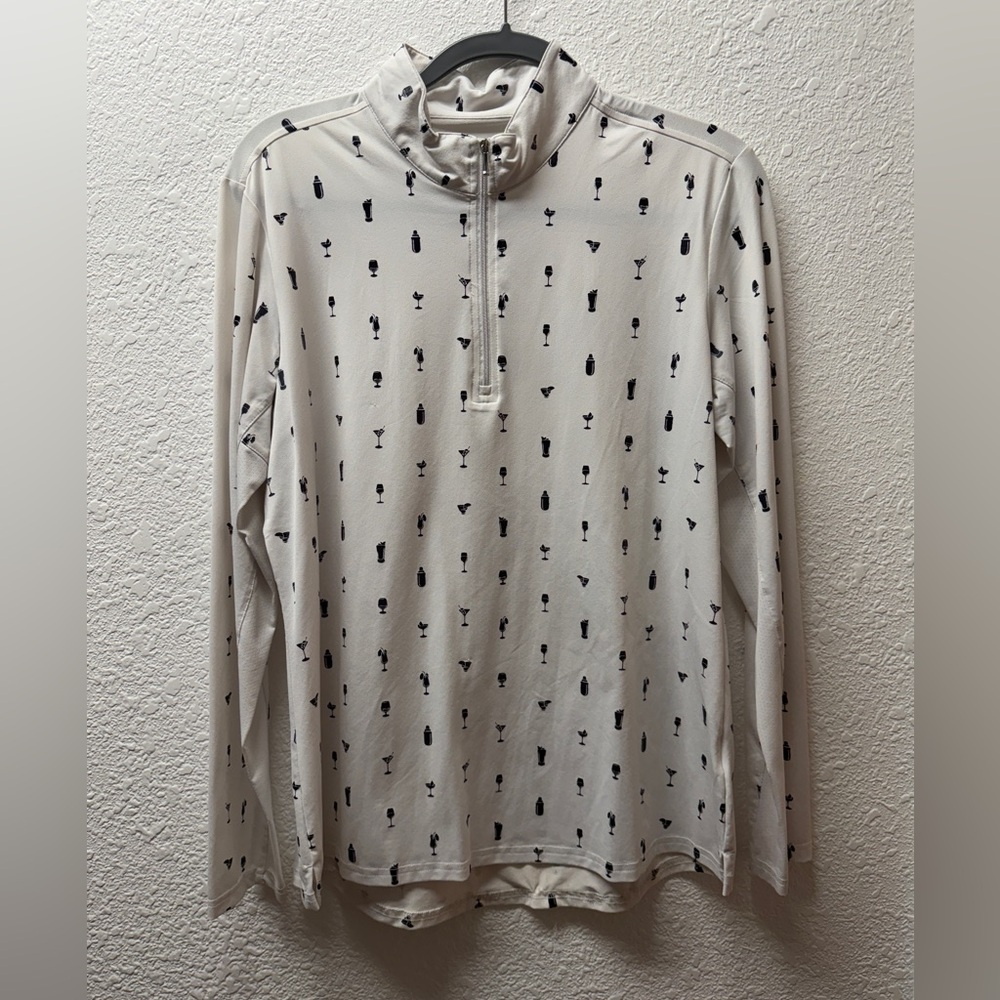 Long-Sleeve White Quarter-Zip Top with Black Cocktail Print